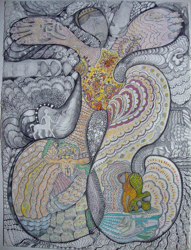 Goddess in Landscape w love, pencil, gouche, colored pencil, 30x22 